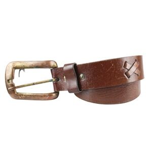 Vintage Handmade Leather Belt Heavy Solid Brass Buckle Brown Mens Size 34 USA